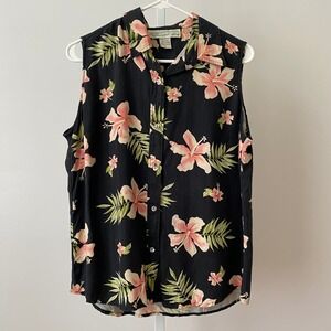 Pineapple Moon Resortwear XL Black 100% Silk Sleeveless Button Hawaiian Shirt